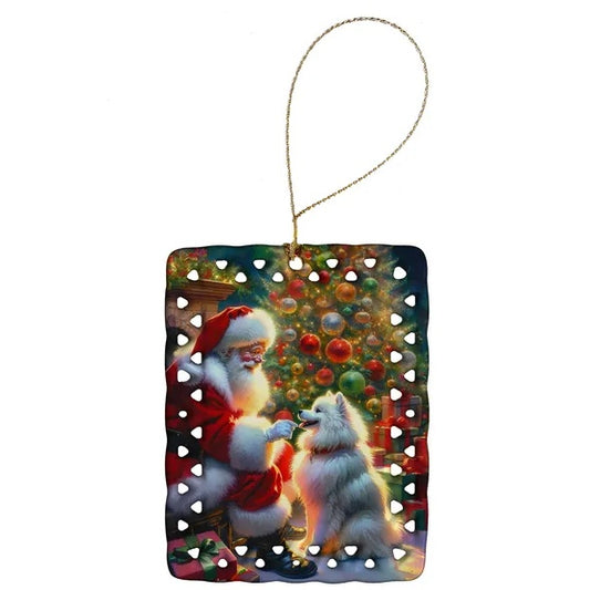 American Eskimo And Santa Claus Porcelain Ornament Christmas Tree Hanging Decorations For Home Christmas Holiday, Rectangle, Gift, Multicolor