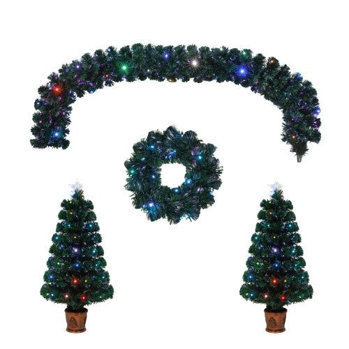 Pre-Installed Fiber Optic Christmas Artificial Tree 4-Piece Set, Christmas Garland, Garland & 2 Entrance Tree Set